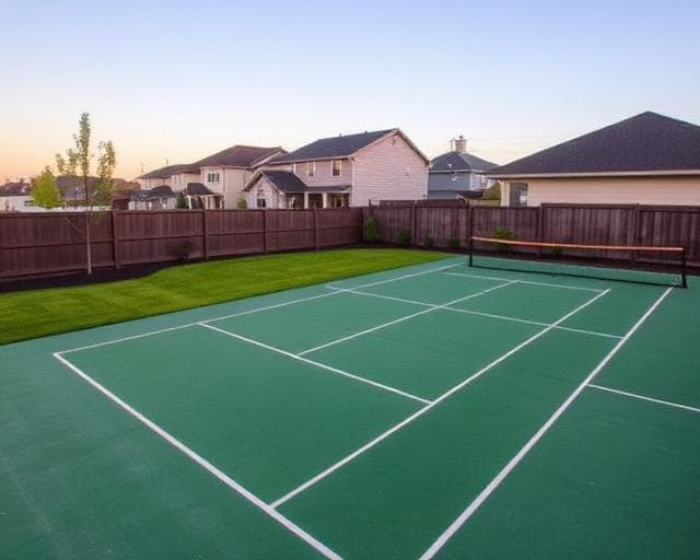 Backyard pickleball court installed behind a suburban home